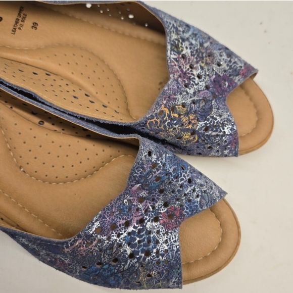 Spring Step Jaciosing Blue Multi Print Leather Wedge Sandal, EU 39, US 8.5-9 - Picture 7 of 11